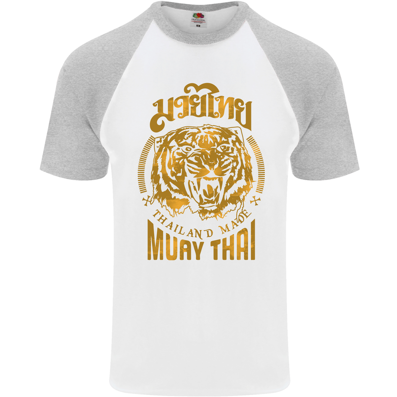 Muay Thai Fighter Warrior MMA Martial Arts Mens S/S Baseball T-Shirt White/Sports Grey