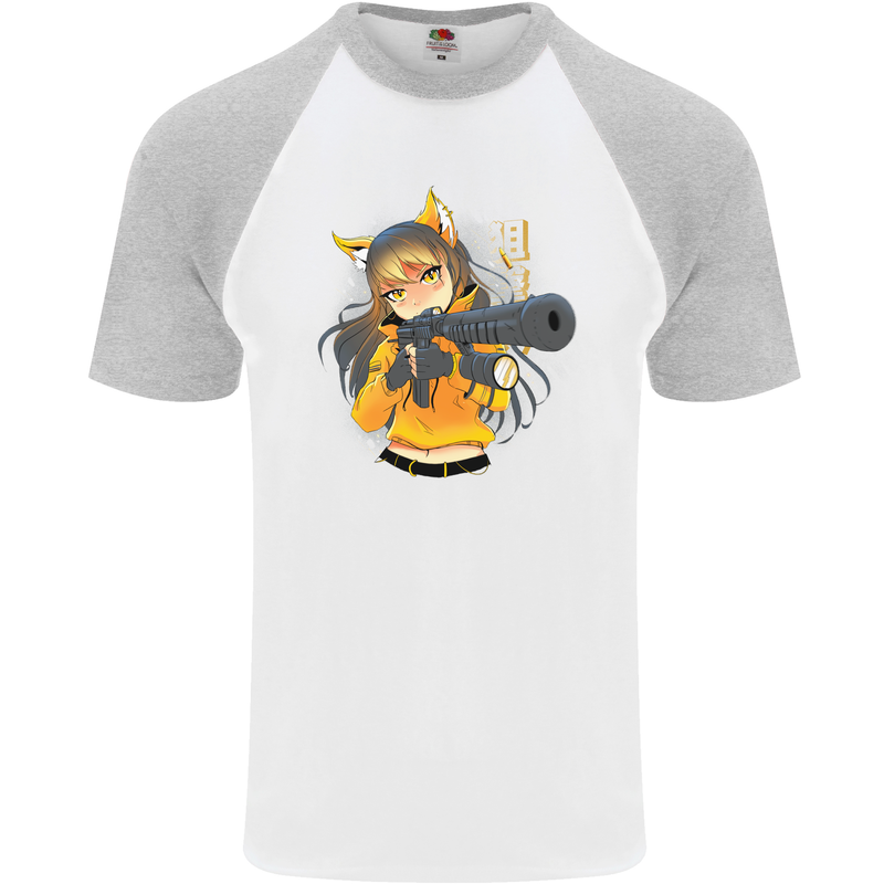 Anime Gun Girl Mens S/S Baseball T-Shirt White/Sports Grey