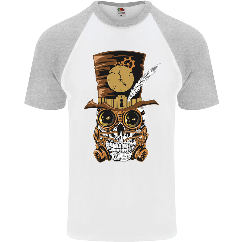 Steampunk Skull Mens S/S Baseball T-Shirt White/Sports Grey