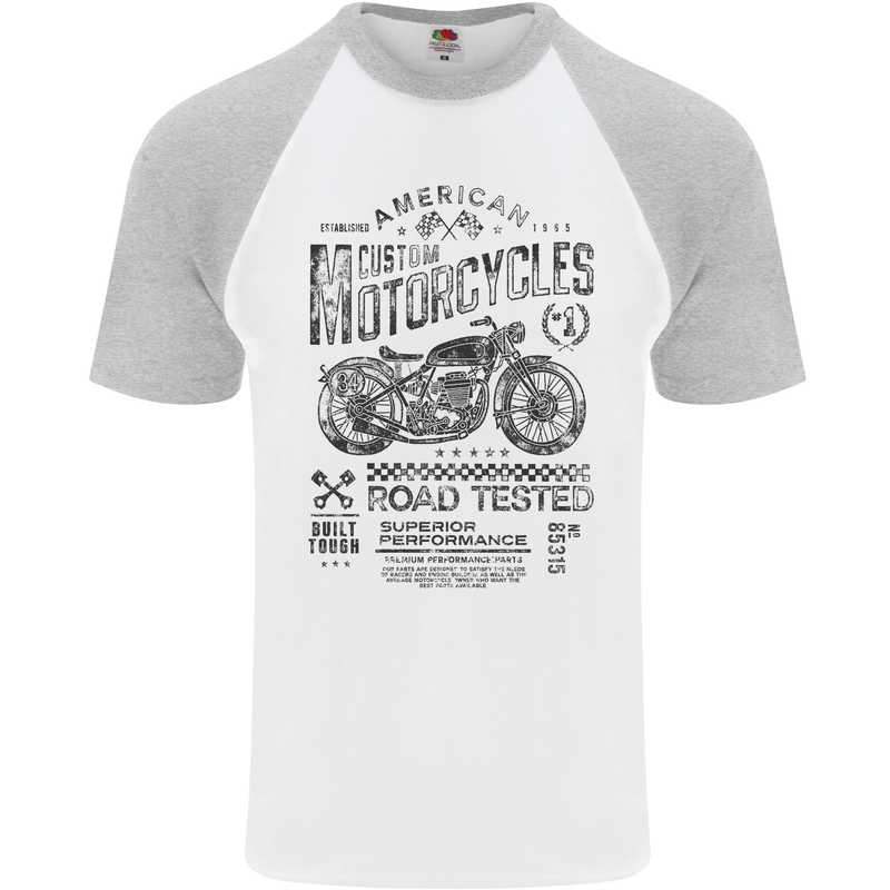 American Custom Motorbike Biker Motorcycle Mens S/S Baseball T-Shirt White/Sports Grey