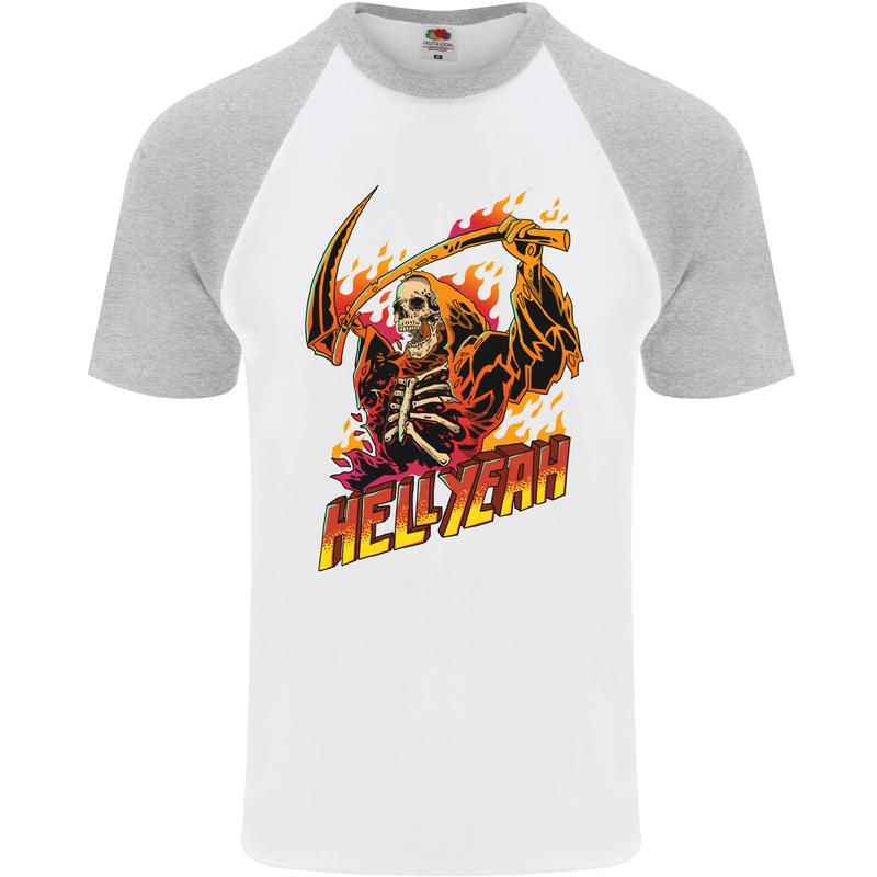 Hell Yeah Grim Reaper Skull Heavy Metal Mens S/S Baseball T-Shirt White/Sports Grey