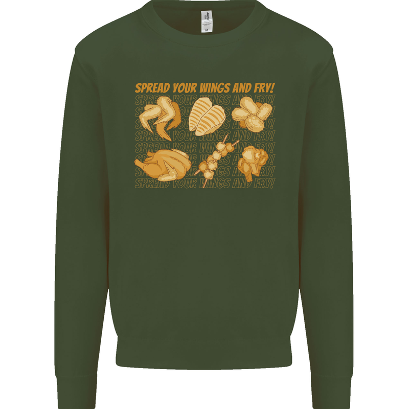 Spread Your Wings & Fry Funny Chicken BBQ Kids Sweatshirt Jumper Forest Green