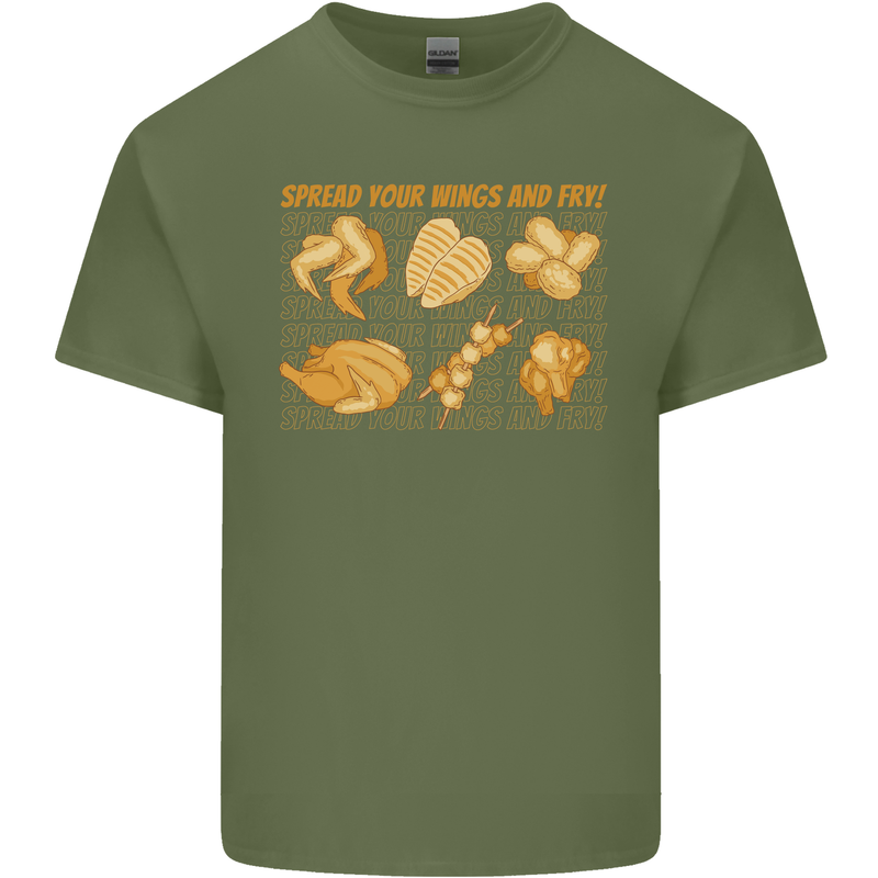 Spread Your Wings & Fry Funny Chicken BBQ Mens Cotton T-Shirt Tee Top Military Green