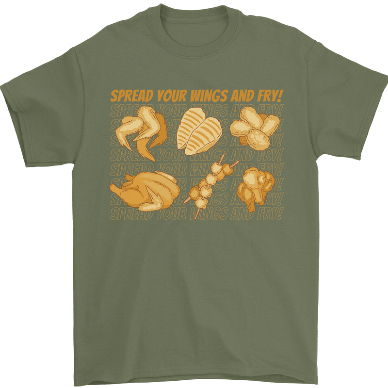 Spread Your Wings & Fry Funny Chicken BBQ Mens T-Shirt 100% Cotton Military Green