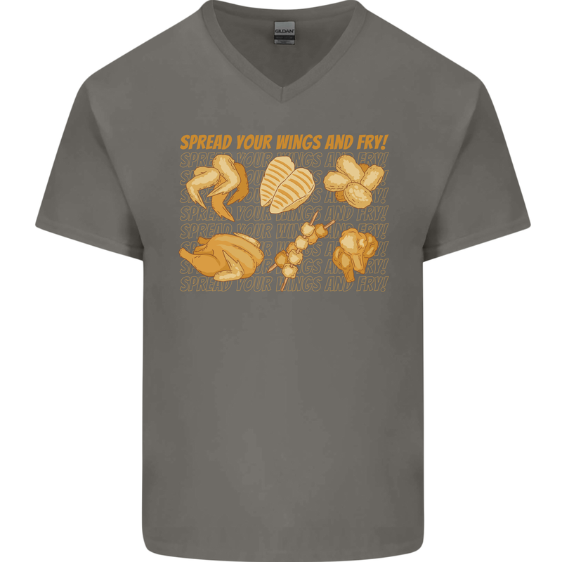 Spread Your Wings & Fry Funny Chicken BBQ Mens V-Neck Cotton T-Shirt Charcoal