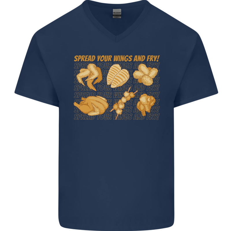 Spread Your Wings & Fry Funny Chicken BBQ Mens V-Neck Cotton T-Shirt Navy Blue