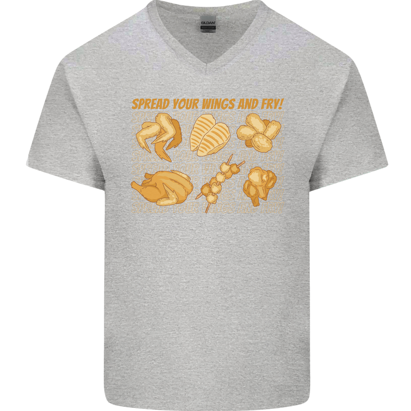 Spread Your Wings & Fry Funny Chicken BBQ Mens V-Neck Cotton T-Shirt Sports Grey