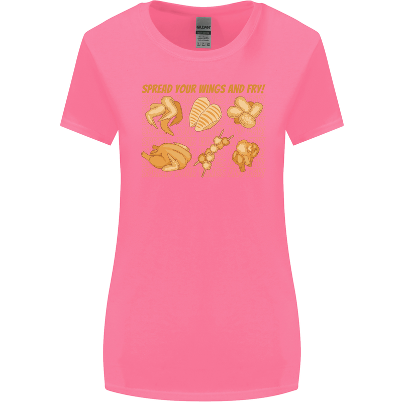Spread Your Wings & Fry Funny Chicken BBQ Womens Wider Cut T-Shirt Azalea