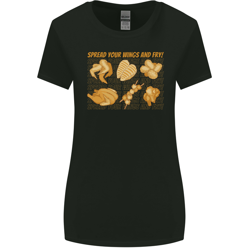 Spread Your Wings & Fry Funny Chicken BBQ Womens Wider Cut T-Shirt Black
