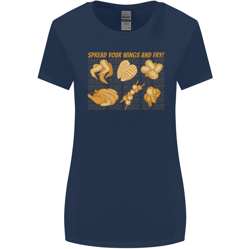 Spread Your Wings & Fry Funny Chicken BBQ Womens Wider Cut T-Shirt Navy Blue