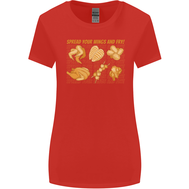 Spread Your Wings & Fry Funny Chicken BBQ Womens Wider Cut T-Shirt Red