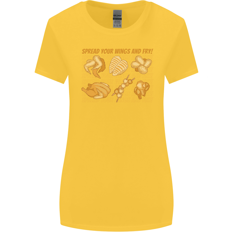 Spread Your Wings & Fry Funny Chicken BBQ Womens Wider Cut T-Shirt Yellow