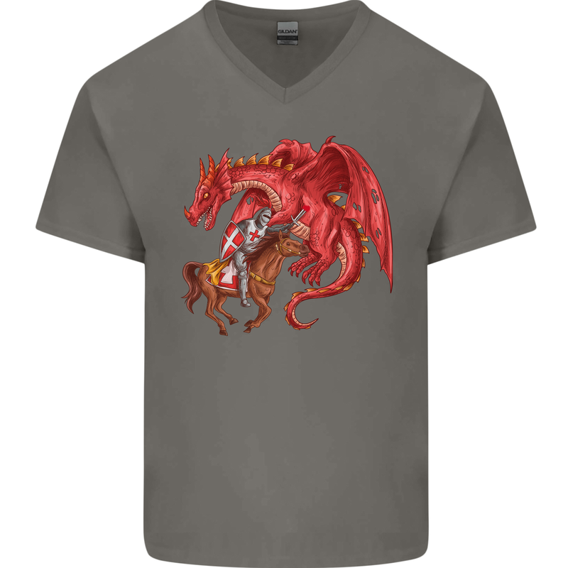 St. George Killing a Dragon Mens V-Neck Cotton T-Shirt Charcoal