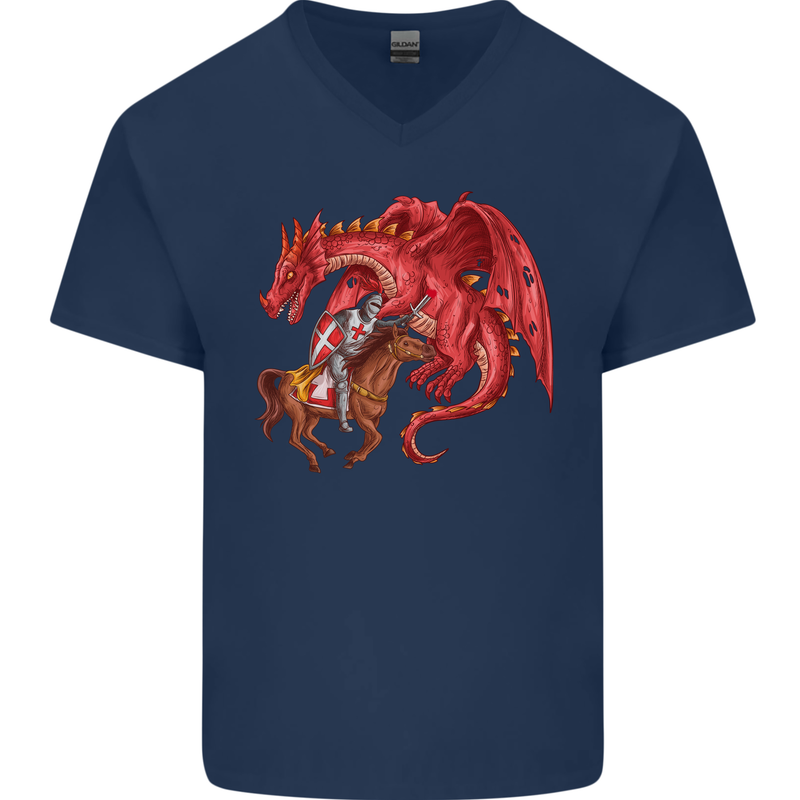 St. George Killing a Dragon Mens V-Neck Cotton T-Shirt Navy Blue