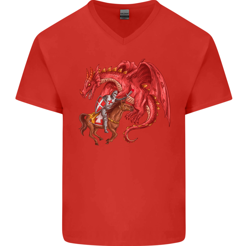 St. George Killing a Dragon Mens V-Neck Cotton T-Shirt Red