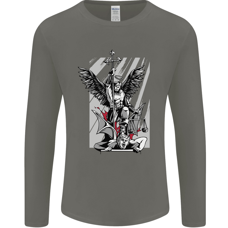 St. Michael Killing the Devil Christian God Mens Long Sleeve T-Shirt Charcoal