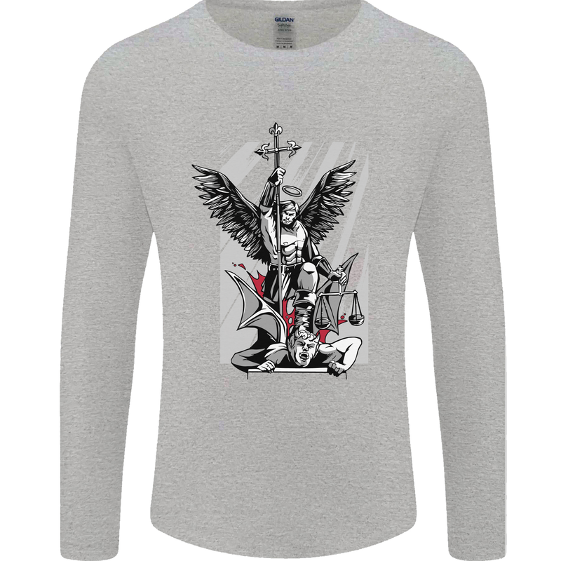 St. Michael Killing the Devil Christian God Mens Long Sleeve T-Shirt Sports Grey