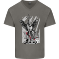St. Michael Killing the Devil Christian God Mens V-Neck Cotton T-Shirt Charcoal