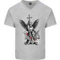 St. Michael Killing the Devil Christian God Mens V-Neck Cotton T-Shirt Sports Grey