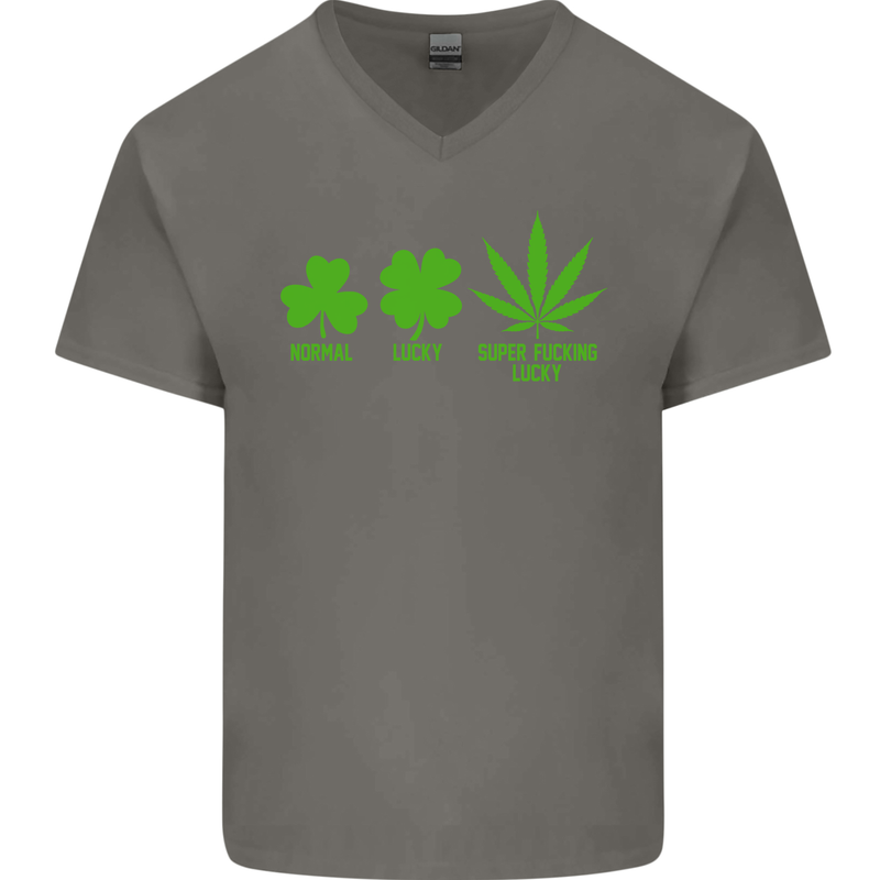 St. Patrick's Day Lucky Weed Drugs Funny Mens V-Neck Cotton T-Shirt Charcoal