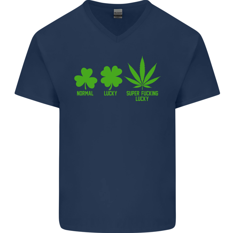 St. Patrick's Day Lucky Weed Drugs Funny Mens V-Neck Cotton T-Shirt Navy Blue