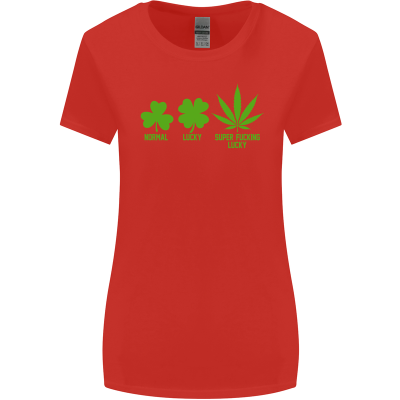 St. Patrick's Day Lucky Weed Drugs Funny Womens Wider Cut T-Shirt Red