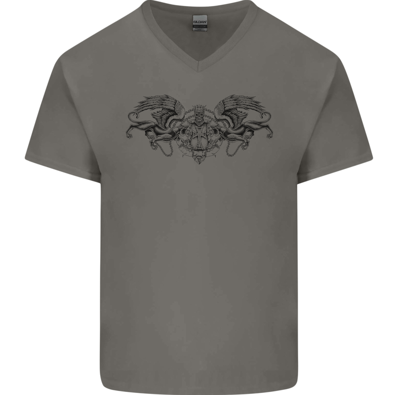 St Georges Day Roman Skull Wings Panther Mens V-Neck Cotton T-Shirt Charcoal