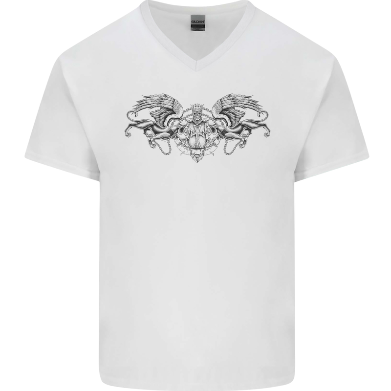 St Georges Day Roman Skull Wings Panther Mens V-Neck Cotton T-Shirt White
