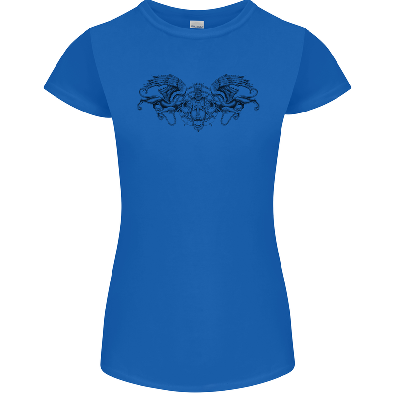 St Georges Day Roman Skull Wings Panther Womens Petite Cut T-Shirt Royal Blue