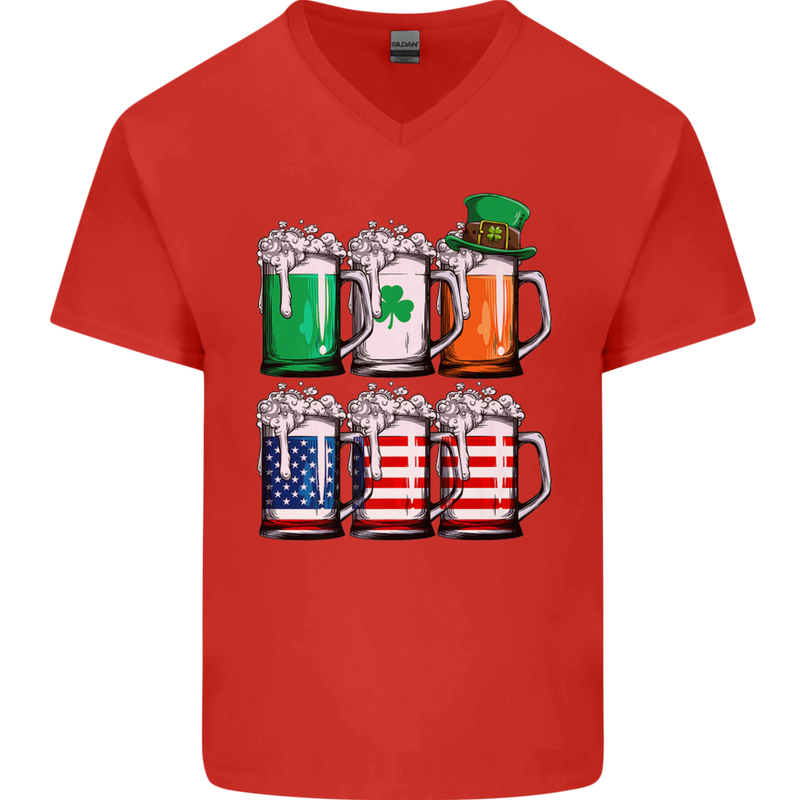 St Patricks Day Beer USA Irish American Mens V-Neck Cotton T-Shirt Red
