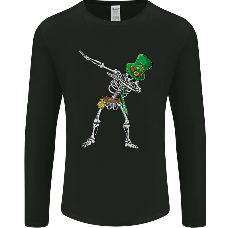 St Patricks Day Dabbing Skeleton Skull Mens Long Sleeve T-Shirt Black