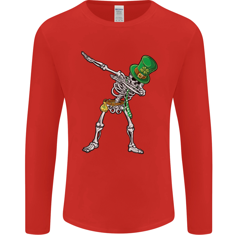 St Patricks Day Dabbing Skeleton Skull Mens Long Sleeve T-Shirt Red