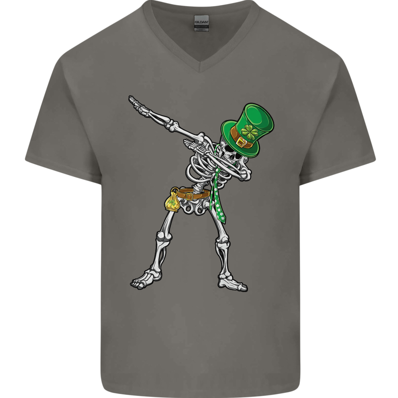 St Patricks Day Dabbing Skeleton Skull Mens V-Neck Cotton T-Shirt Charcoal