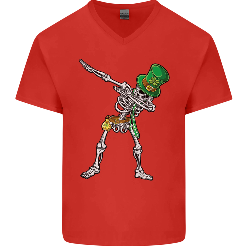 St Patricks Day Dabbing Skeleton Skull Mens V-Neck Cotton T-Shirt Red