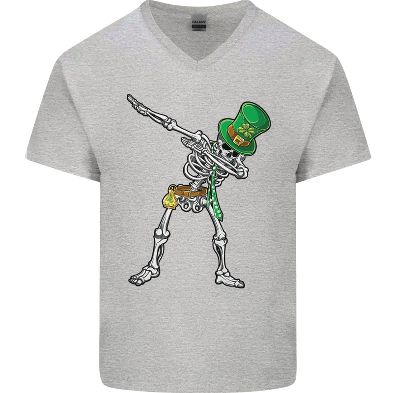 St Patricks Day Dabbing Skeleton Skull Mens V-Neck Cotton T-Shirt Sports Grey
