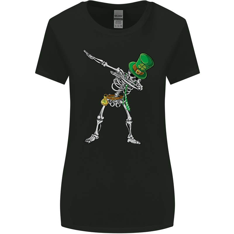 St Patricks Day Dabbing Skeleton Skull Womens Wider Cut T-Shirt Black