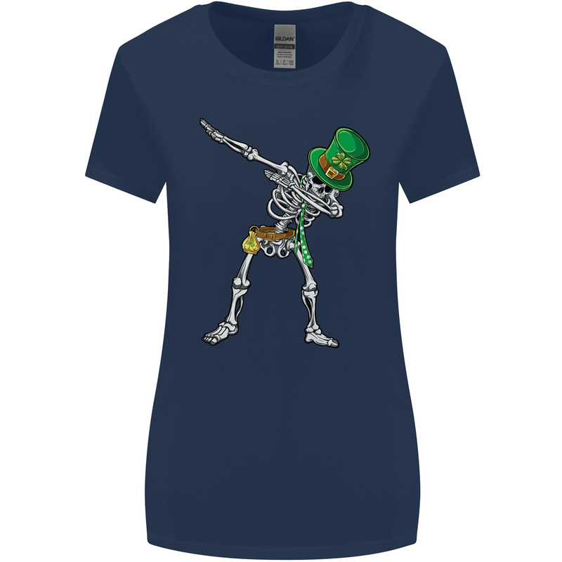 St Patricks Day Dabbing Skeleton Skull Womens Wider Cut T-Shirt Navy Blue