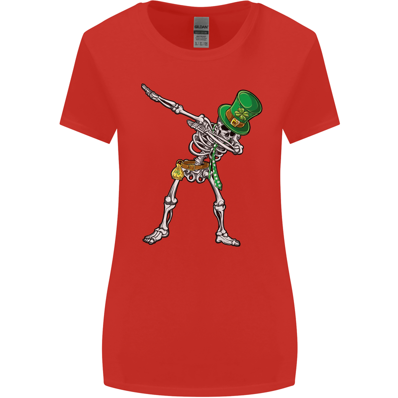St Patricks Day Dabbing Skeleton Skull Womens Wider Cut T-Shirt Red