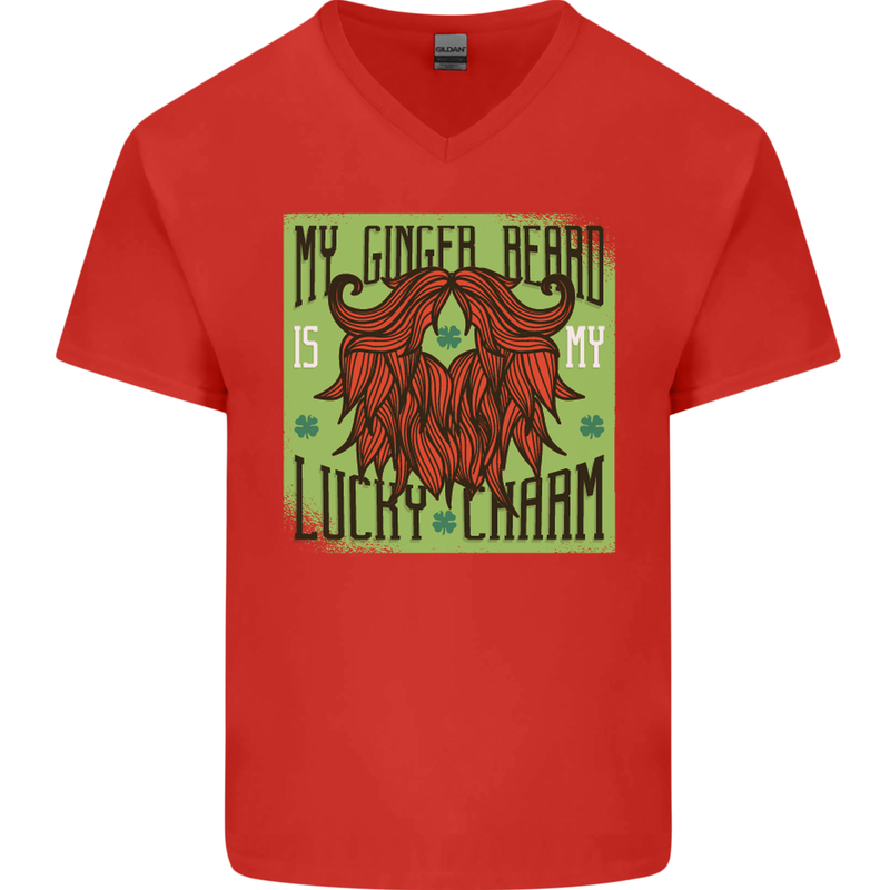 St Patricks Day Ginger Beard Lucky Charm Mens V-Neck Cotton T-Shirt Red