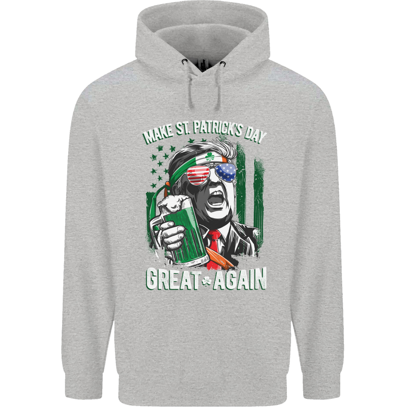 St Patricks Day Great Again Donald Trump Childrens Kids Hoodie Sports Grey