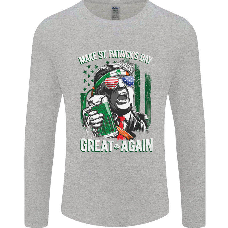 St Patricks Day Great Again Donald Trump Mens Long Sleeve T-Shirt Sports Grey