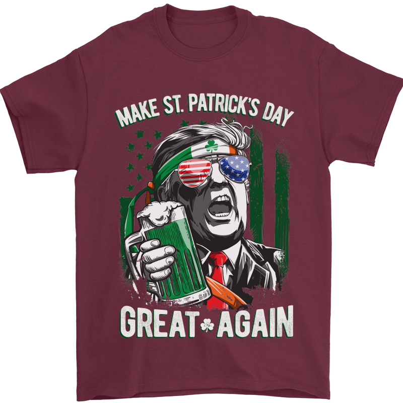 St Patricks Day Great Again Donald Trump Mens T-Shirt Cotton Gildan Maroon