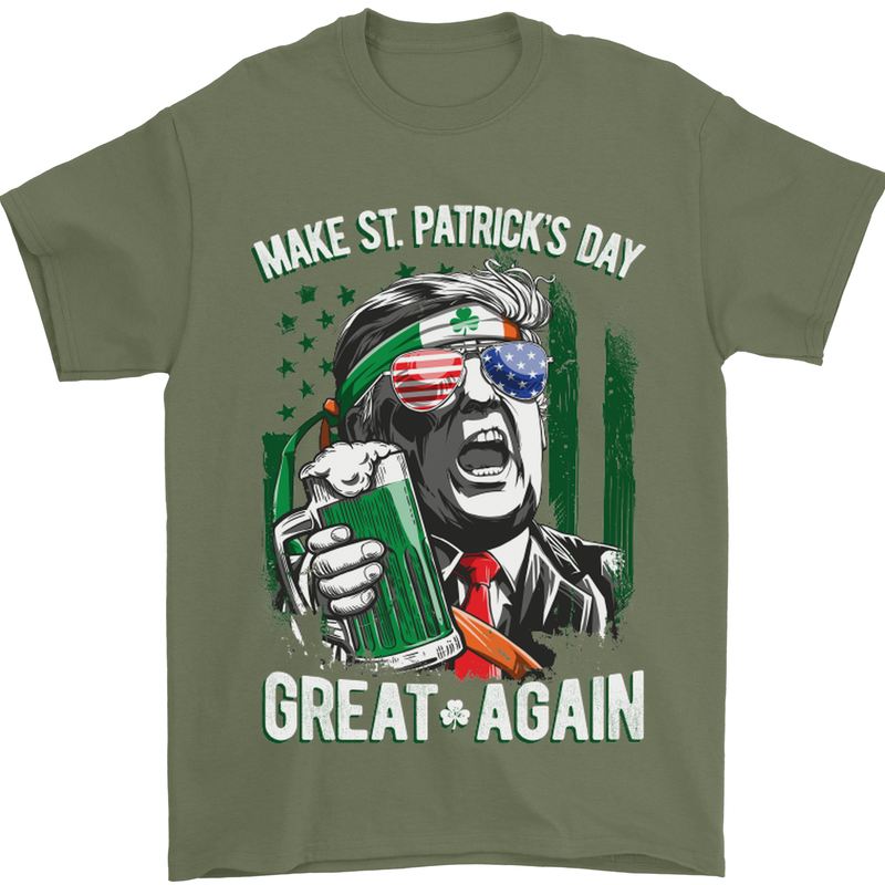 St Patricks Day Great Again Donald Trump Mens T-Shirt Cotton Gildan Military Green