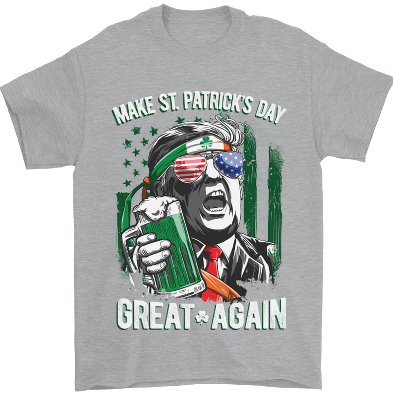 St Patricks Day Great Again Donald Trump Mens T-Shirt Cotton Gildan Sports Grey