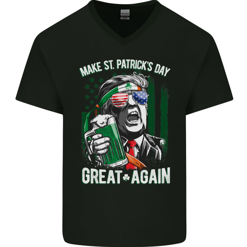 St Patricks Day Great Again Donald Trump Mens V-Neck Cotton T-Shirt Black