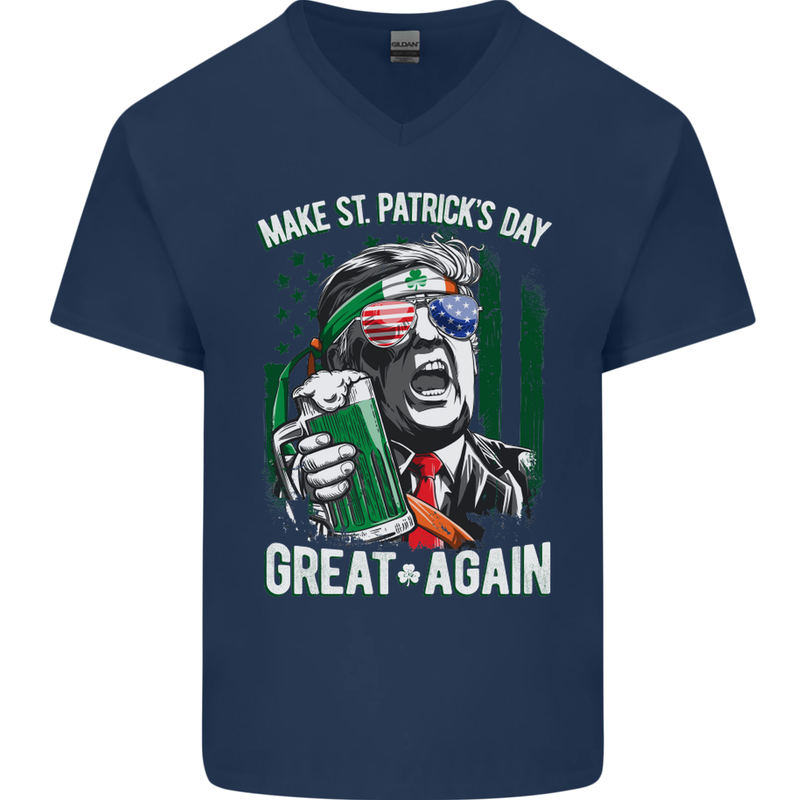 St Patricks Day Great Again Donald Trump Mens V-Neck Cotton T-Shirt Navy Blue