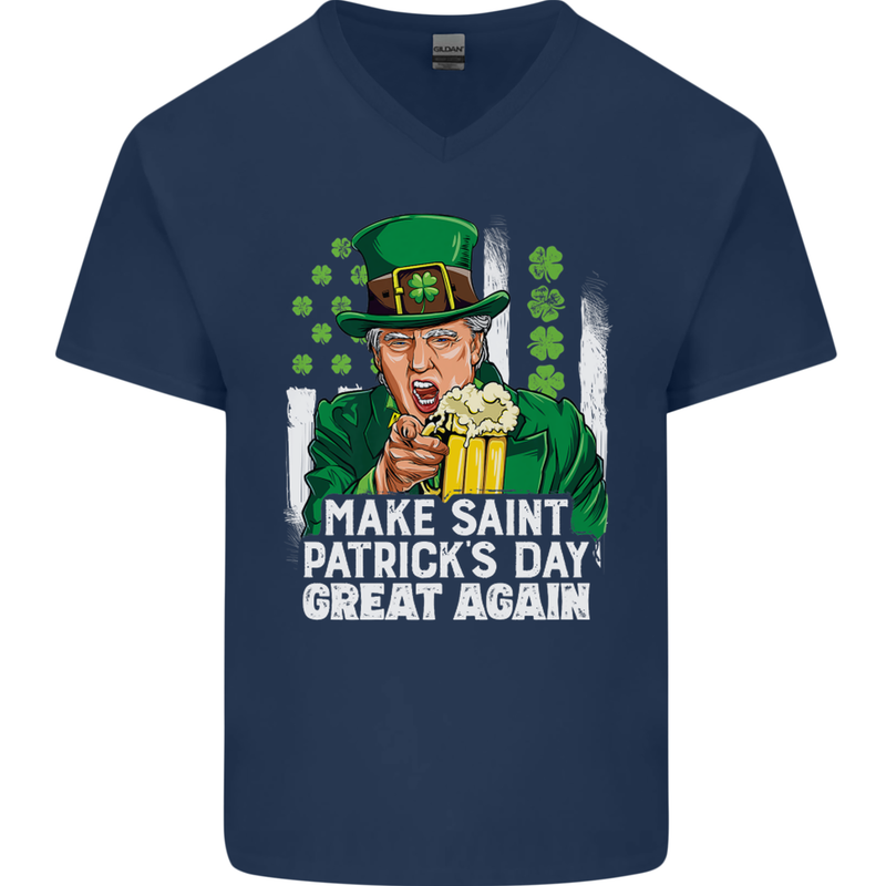 St Patricks Day Great Again Donald Trump Mens V-Neck Cotton T-Shirt Navy Blue