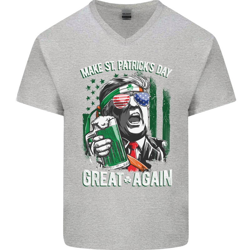 St Patricks Day Great Again Donald Trump Mens V-Neck Cotton T-Shirt Sports Grey