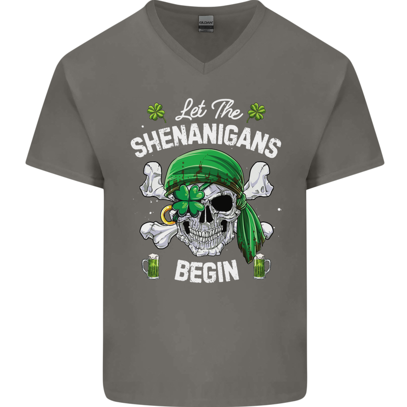 St Patricks Day Let the Shenanigans Begin Mens V-Neck Cotton T-Shirt Charcoal