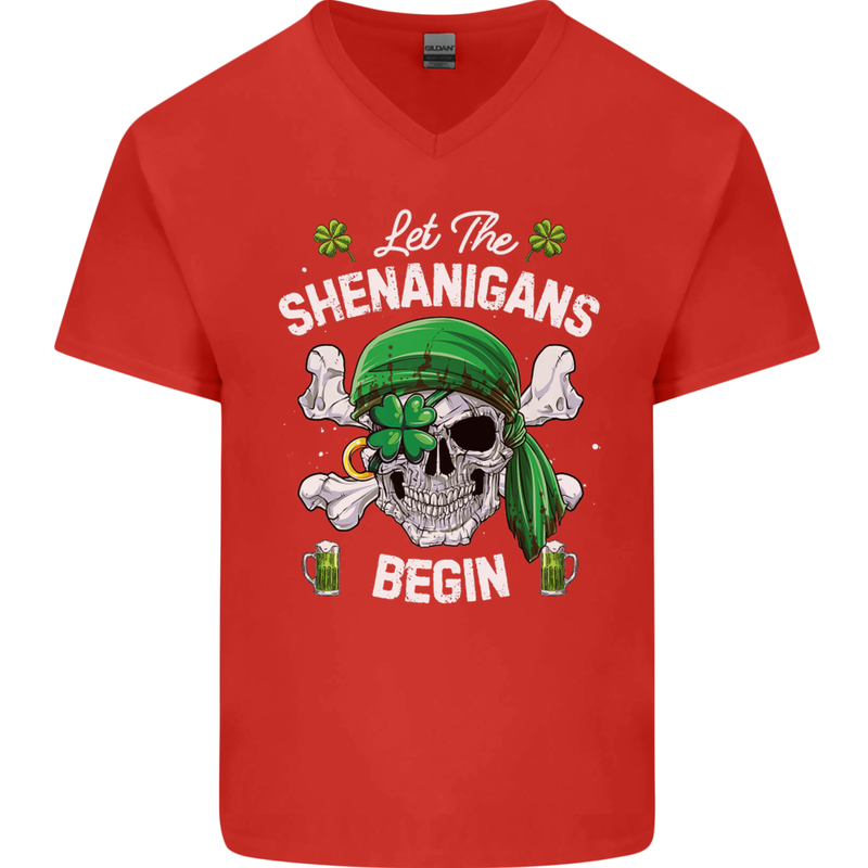 St Patricks Day Let the Shenanigans Begin Mens V-Neck Cotton T-Shirt Red